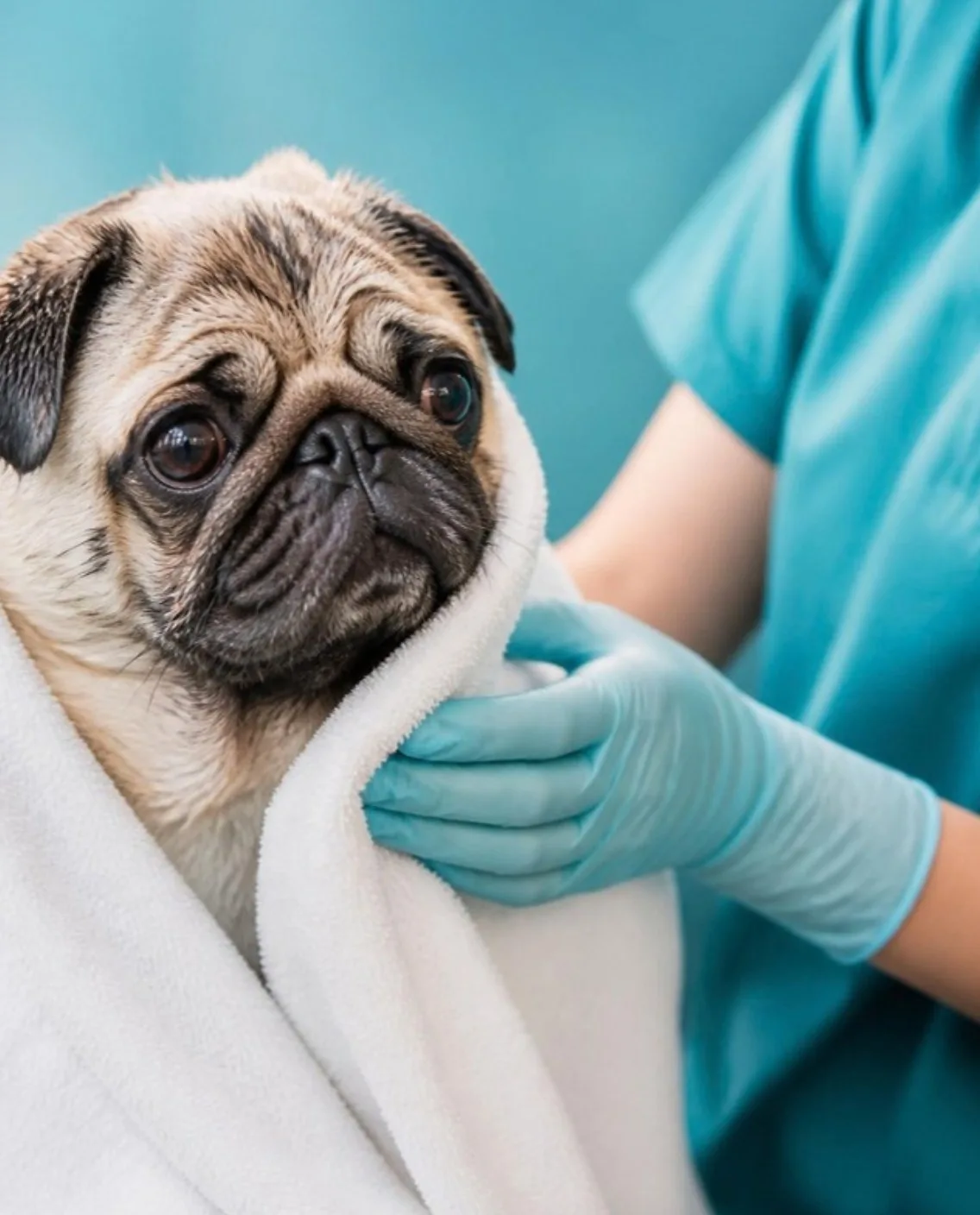 Pug wrapped in a towel after a bath
